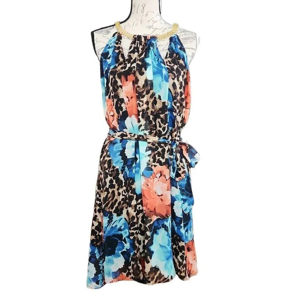 Thalia Sodi Women's Size Large Aqua Bliss Gold Chain Halter Flowy Dress